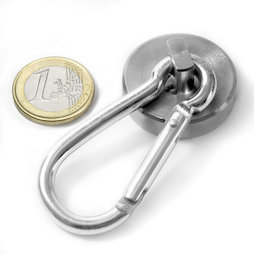 KTN-32, Magnete con base in acciaio con moschettone, Ø 32 mm, lunghezza moschettone 60 mm