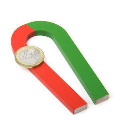 EDU-6, Ferro di cavallo magnetico rastremato, 100 x 48 mm, in AlNiCo5, smaltata in rosso e verde