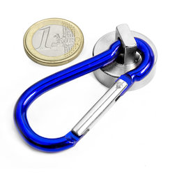 KTN-25B, magnete con base in acciaio con moschettone blu Ø 25 mm, lunghezza moschettone 60 mm